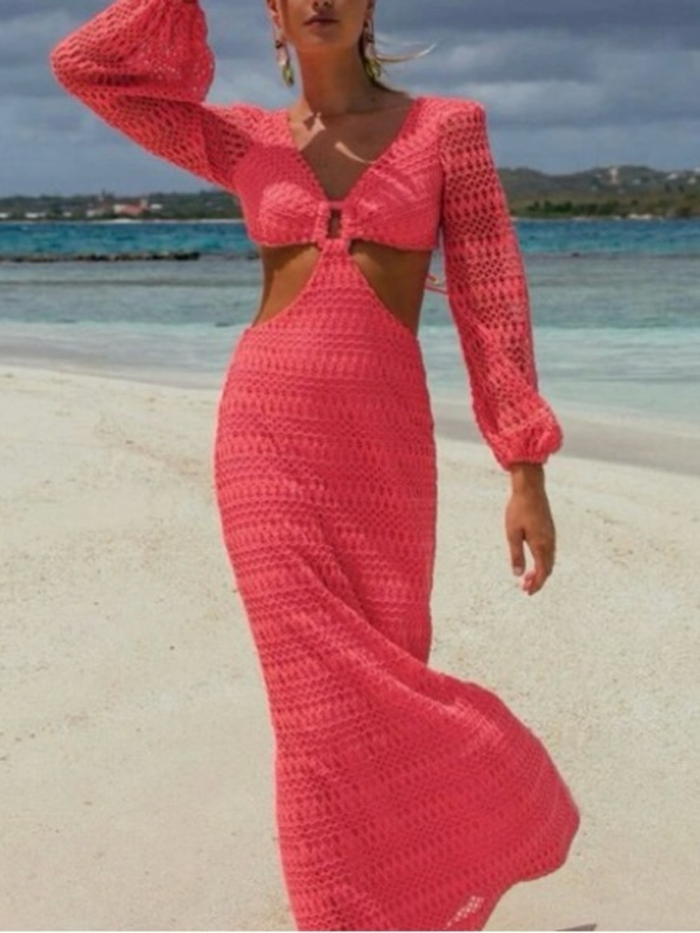 PatBO Neon Coral Crochet Maxi Dress